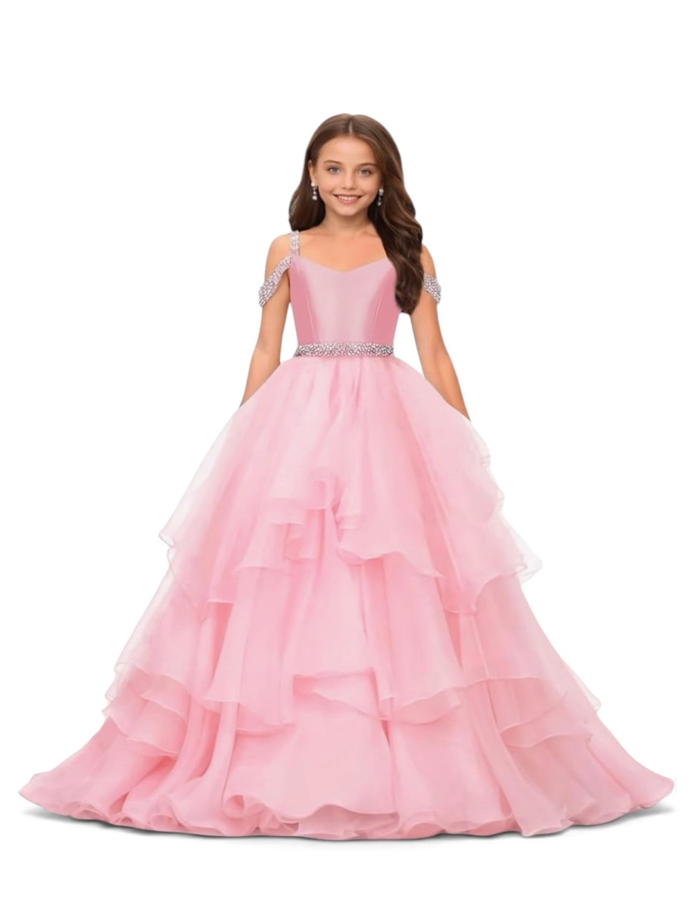 NWT Girls Pink Rhinestone Tulle Pageant Dress Tiered Ruffle Party Formal Gown 16
